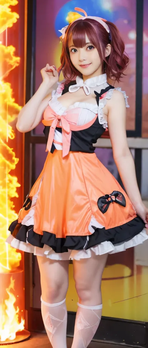 Sexy Flame Idol Girl、whole body、Good style、、、、Fluorescent orange and pink lolita fashion、、colorful hair、、、、Flame City、