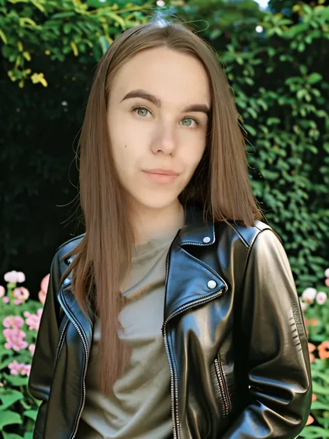 Girl in a leather jacket, standing in the summer garden