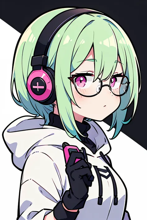 ((highest quality)), ((masterpiece)), (be familiar with), perfect face,white half-up hair,green mesh hair,pink eyes,round glasse...