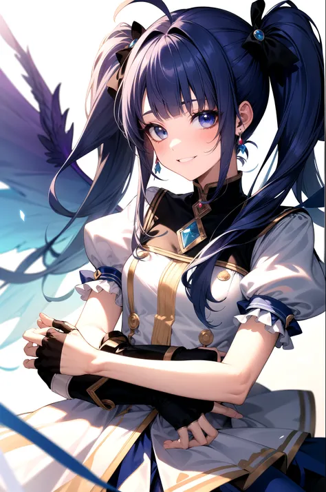 masterpiece,highest quality,((SFW)),One girl,Cure Sky,dress,Twin tails,Gradient Hair,Ahoge,Blunt bangs,Wings on the head,Fingerless gloves,White shirt,Puffy sleeves,Cape,Knee socks,blue legwear,gem,Single earring,smile,Upper Body,