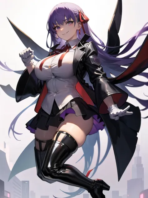 [(white background:1.5),::5], full body, isometric, mid shot, city, night, cyber punk,,, purple hair, black jacket, white shirt, black skirt, red ribbon, big breasts, purple eyes, white gloves, long hair, big collar, evil smile,thighhigh boots,