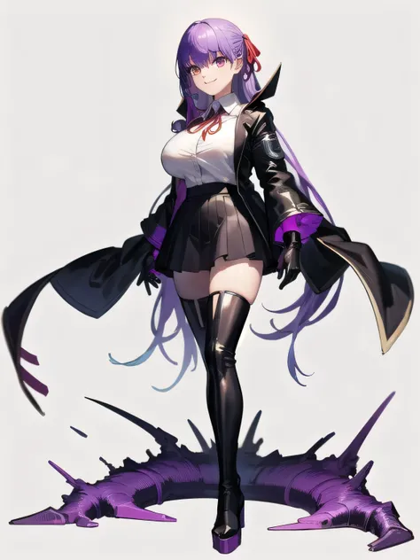 [(white background:1.5),::5], full body, isometric, mid shot, city, night, cyber punk,,, purple hair, black jacket, white shirt, black skirt, red ribbon, big breasts, purple eyes, white gloves, long hair, big collar, evil smile,thighhigh boots,