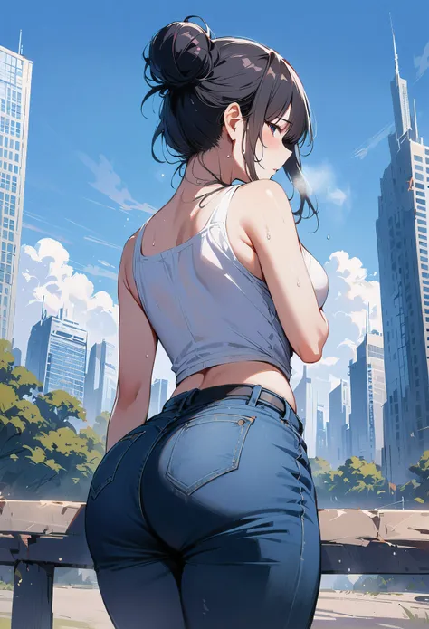 (masterpiece, best quality:1.2), 1 girl, alone , sexy , jeans, wide hips, white top ,cowboy shot, black hair ,hair bun, (Sweat),   outdoor , skyscraper background, from behind