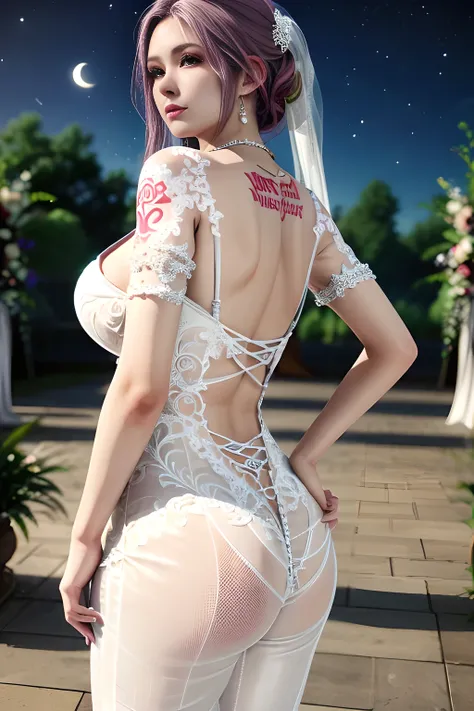 1 girl,standing posture,(( Backless Wedding Dress, see-through)), outdoor,elegant,nighttime,moonlighe,shiny skin,( huge breasts:1.1), lip gloss,( tattoos:1.3), masterpiece, best quality, realistic ,Surrealism,,Rich artistic colors, 8K,soft shadows,Portrait...