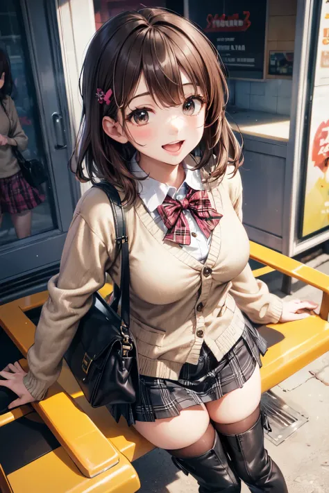 very cute and beautiful girl in amusement park ride,(highly detailed beautiful face),(white blouse),
laugh,happy,(beige cardigan:1.2) BREAK zettai ryouiki,(plaid brown mini skirt:1.2),
hair ornament,black hair,(black shoulder bag),(black boots),
(best qual...