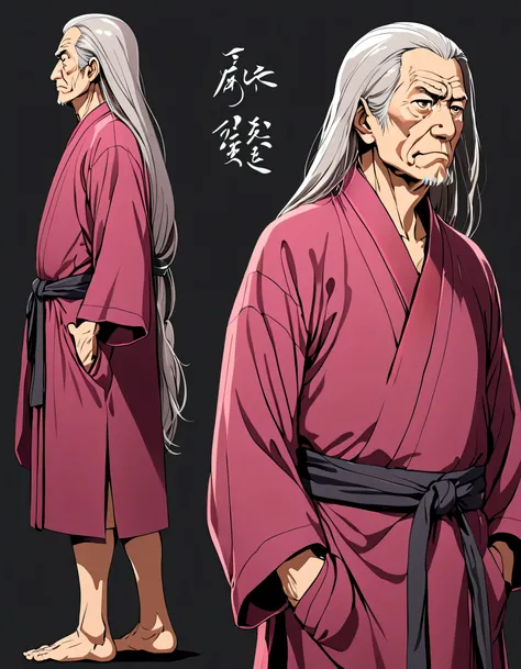 (masterpiece), 1 thin old man, long hair, best quality, upper body, full view, stern expression, wearing a dark pink chinese robe, standing, front view, looking at the viewer, slightly titled view, hands behind the back, slightly titled side view, open eye...