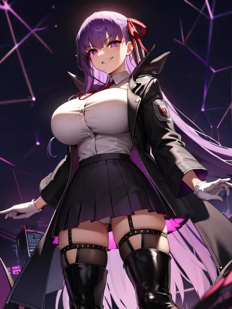  isometric, mid shot,  night, cyber punk,,, purple hair, black jacket, white shirt, black skirt, red ribbon, big breasts, purple eyes, white gloves, long hair, big collar, evil smile,smirk,thighhigh boots,