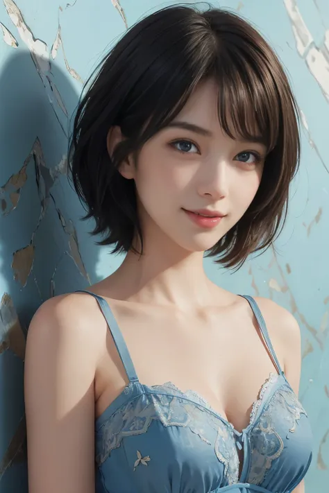 (A hyper-realistic), (illustration), (hight resolution), (8K), (highly detailed), (The best illustrations), (detailed face), (beautiful detailed eyes), (top-quality), (​masterpiece), (wall-paper), Upper body close-up, short hair,inner colored, solo, Girl i...