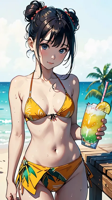 (highest quality, masterpiece, High resolution)、(Anime Art 4k)、 (reality)、Beautiful Japanese Women、(Two women)、20-year-old、((Drink tropical drinks))、(Detailed depiction of a beautiful face)、Smiling Kindly、Small breasts、Slim figure、Medium Short Hair、semi-lo...