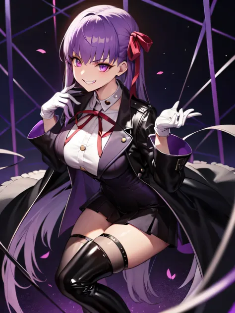  isometric, mid shot,  night, cyber punk,,, purple hair, black jacket, white shirt, black skirt, red ribbon, big breasts, purple eyes, white gloves, long hair, big collar, evil smile,smirk,thighhigh boots,