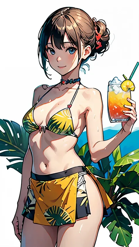 (highest quality, masterpiece, High resolution)、(Anime Art 4k)、 (reality)、Beautiful Japanese Women、(Two women)、20-year-old、((Drink tropical drinks))、(Detailed depiction of a beautiful face)、Smiling Kindly、Small breasts、Slim figure、Medium Short Hair、semi-lo...