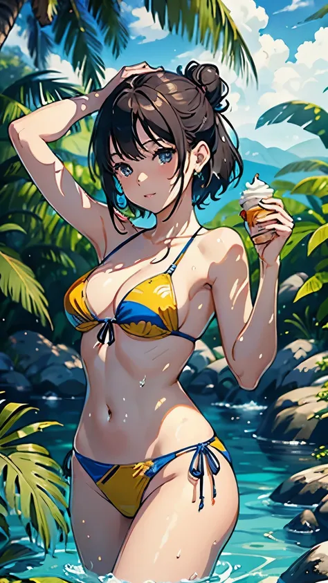 (highest quality, masterpiece, High resolution)、(Anime Art 4k)、 (reality)、Beautiful Japanese Women、(Two women)、20-year-old、((Eat a large soft serve ice cream))、(Detailed depiction of a beautiful face)、Smiling Kindly、Small breasts、Slim figure、Medium Short H...