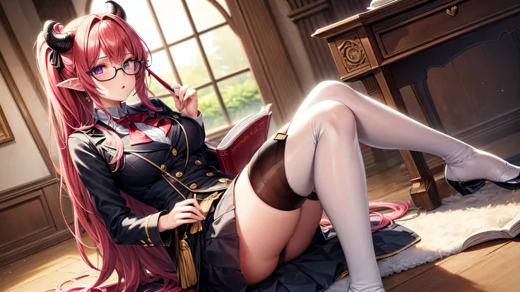 (Masterpiece, best quality), detailed, character sheet, many items (the same person, medieval royal clothes, magic academy uniform, blouse, skirt, glasses, reading glasses, white boots, many parts), athletic, busty, demon, demon girl, detailed beautiful pu...