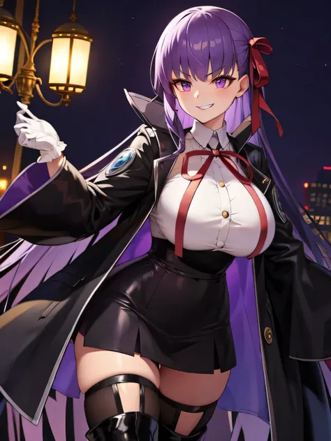  isometric, mid shot,  night, ,,, purple hair, black jacket, white shirt, black skirt, red ribbon, big breasts, purple eyes, white gloves, long hair, big collar, evil smile,smirk,thighhigh boots,
