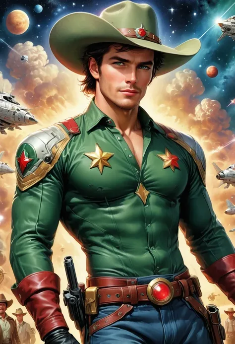 comic books cover, Comic book cover about space cowboys, 1 Amazing story of cowboy hat style, 1940s 1950s, Red and Green, comic art, Realistic scenes, Romanticized Realism Dynamics