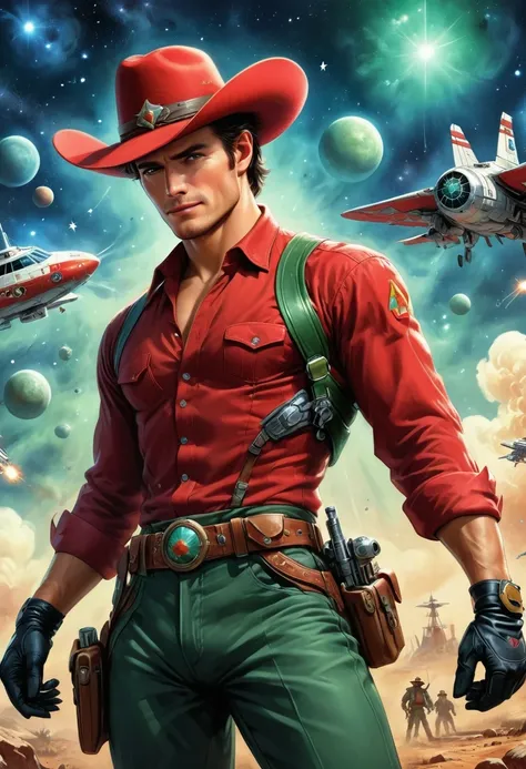 comic books cover, Comic book cover about space cowboys, 1 Amazing story of cowboy hat style, 1940s 1950s, Red and Green, comic art, Realistic scenes, Romanticized Realism Dynamics