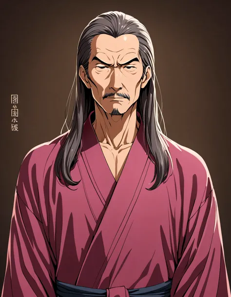 (masterpiece), 1 thin mature man, long hair, best quality, upper body, full view, stern expression, wearing a dark pink chinese robe, standing, front view, looking at the viewer, slightly titled view, hands behind the back, slightly titled side view, open ...