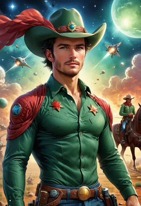 comic books cover, Comic book cover about space cowboys, 1 Amazing story of cowboy hat style, 1940s 1950s, Red and Green, comic art, Realistic scenes, Romanticized Realism Dynamics