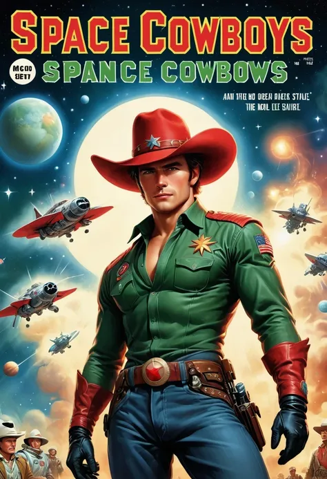 comic books cover, Comic book cover about space cowboys, 1 Amazing story of cowboy hat style, 1940s 1950s, Red and Green, comic art, Realistic scenes, Romanticized Realism Dynamics