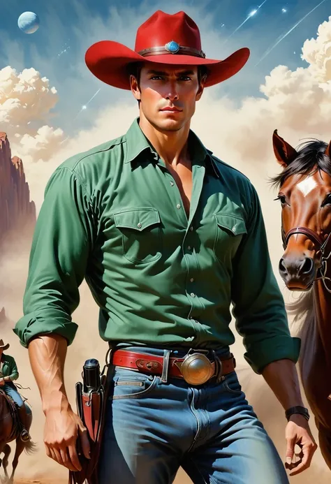 comic books cover, Comic book cover about space cowboys, 1 Amazing story of cowboy hat style, 1940s 1950s, Red and Green, comic art, Realistic scenes, Romanticized Realism Dynamics