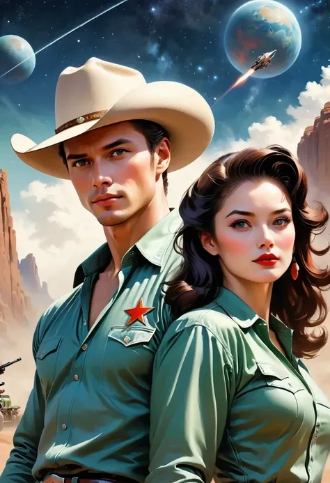 comic books cover, Comic book cover about space cowboys, 1 Amazing story of cowboy hat style, 1940s 1950s, Red and Green, comic art, Realistic scenes, Romanticized Realism Dynamics