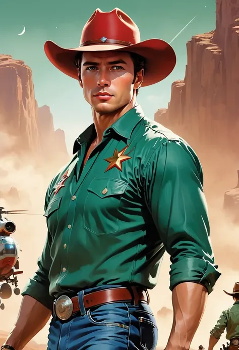 comic books cover, Comic book cover about space cowboys, 1 Amazing story of cowboy hat style, 1940s 1950s, Red and Green, comic art, Realistic scenes, Romanticized Realism Dynamics