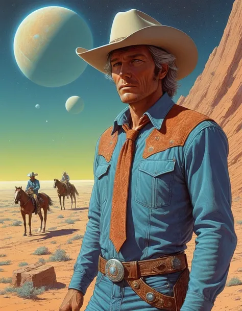 in style of Retrofuturism, portrait, beautiful detailed，Moebius art style, 80s sci-fi fantasy magazine art, professional illustration, super detailed, amazing images of {star cowboys}, action backgrounds, cinematic compositions