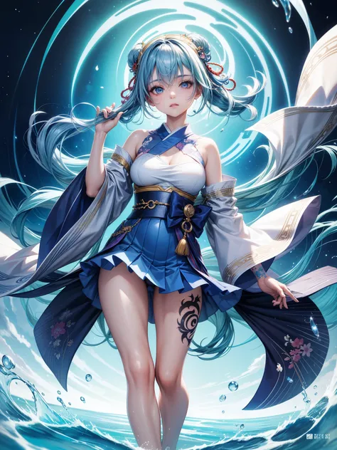 Ultra High Definition 2D Art、Close-up（1 female）、Light blue hair、2D animation style、Soft and delicate depiction、Also pay attention to the full body tattoos（Full Body Art）、Landscape mode、Gweitz&#39;s Masterpiece、james jean、Tattoo expert design by CGSCOSITY a...