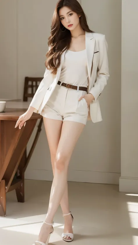 Japanese women、Long brown hair、Voluminous Hair、Beautiful Face、double eyelid、White suit、White micro shorts、Beautiful legs、Long legs、barefoot、Thighs、tall、Model pose、Stiletto heels、Height: 180cm、