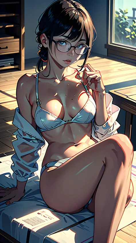 ultra-realistic rendering, highest quality), ((highest quality, 16k, masterpiece: 1.3)),　There is a woman sitting on the floor with her legs crossed., with glasses, japanese model, with glasses on, With square glasses, young sensual gravure idol, yasumoto ...