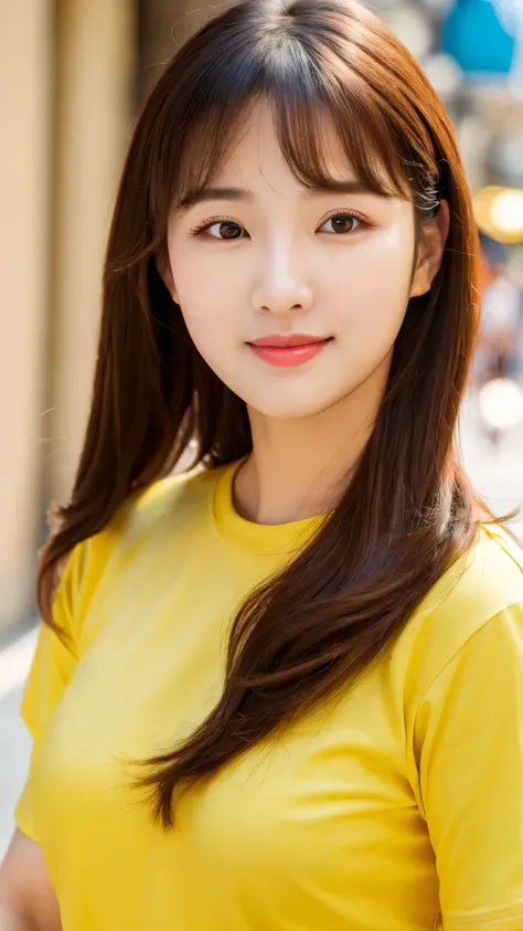 close-up of beautiful korean female, 34 inch breasts size, wearing yellow rolled sleeves t-shirt, at the corner of the building, bokeh background , UHD