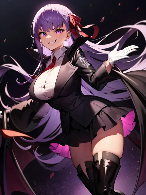  isometric, mid shot,  night, ,,, purple hair, black jacket, white shirt, black skirt, red ribbon, big breasts, purple eyes, white gloves, long hair, big collar, evil smile,smirk,thighhigh boots,(evil smile:1.3)