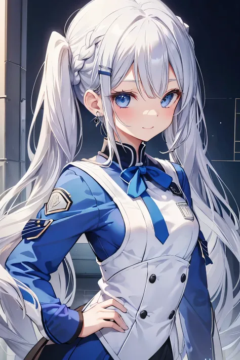 Silver-haired blue eyes、 girl、Small breasts、braided twin tails、smile、Gal-like、Wearing cute earrings、cute uniform、Add highlights around the eyes、Cute hairpin、The whole body is visible、School