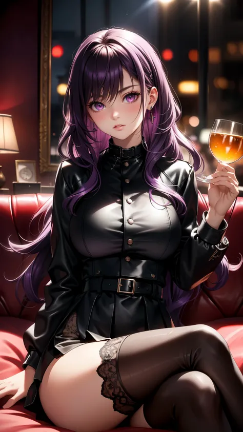 (best quality:1.1), (Masterpiece:1.2), high quality light, beautiful details, Beautiful face, detailed eyes, depth of field, high resolution, best shadow, best light, 1 girl, see the audience, shiny purple hair, smooth, blunt, long hair, (wavy hairstyle), ...