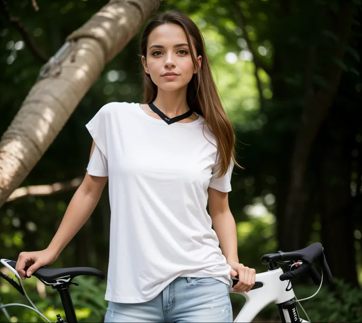 arafed woman standing next to a bicicleta with a white shirt e calça jeans, foto de uma motociclista, bicicleta in background, Aleksandra Waliszewska, vestido com uma camiseta branca, bicicleta, ao ar livre, sem texto, candid, foto de uma mulher, vestindo ...