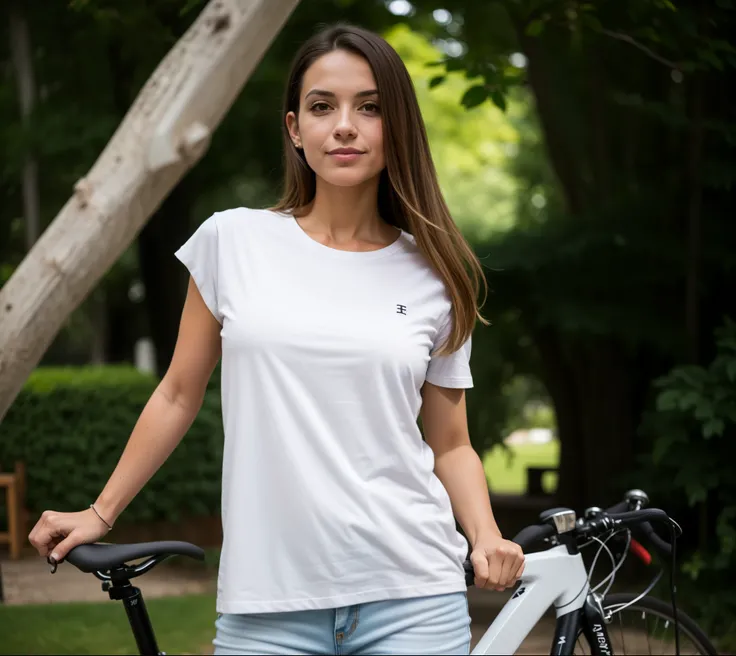 arafed woman standing next to a bicicleta with a white shirt e calça jeans, foto de uma motociclista, bicicleta in background, Aleksandra Waliszewska, vestido com uma camiseta branca, bicicleta, ao ar livre, sem texto, candid, foto de uma mulher, vestindo ...