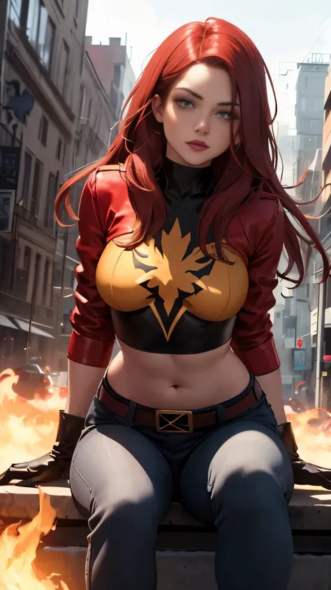 (highly quality, masterpiece, detailed), burning city detailed scenario, burning city detailed background, jean-grey, belt, red ...