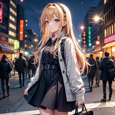 night, lights on, street, transportation, crowd, long-haired girl walking alone