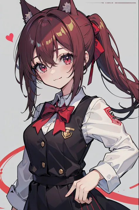 rating:safe, 1girl, animal_ears, solo, long_hair, bow, red_bow, red_eyes, ponytail, shirt, striped, upper_body, white_shirt, :3, looking_at_viewer, blush, grey_background, bangs, breasts, brown_hair, hair_between_eyes, closed_mouth, collared_shirt, smile, ...