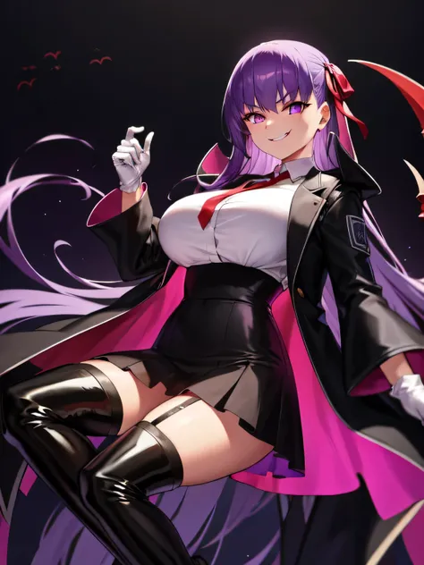  isometric, mid shot,  night, ,,, purple hair, black jacket, white shirt, black skirt, red ribbon, big breasts, purple eyes, white gloves, long hair, big collar, evil smile,smirk,thighhigh boots,(evil smile:1.3),black darkness,hell,