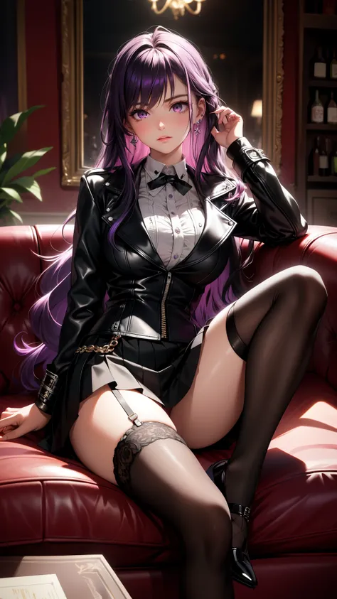 (best quality:1.1), (Masterpiece:1.2), high quality light, beautiful details, Beautiful face, detailed eyes, depth of field, high resolution, best shadow, best light, 1 girl, see the audience, shiny purple hair, smooth, blunt, long hair, (wavy hairstyle), ...