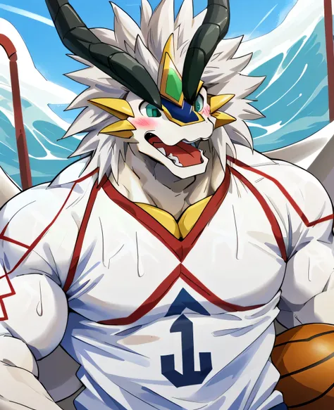 (dragon), two-color, dragon&#39;s eyes, (muscular body:1.3), perfect eyes, handsome, ok,(white basketball jersey), (on the playg...