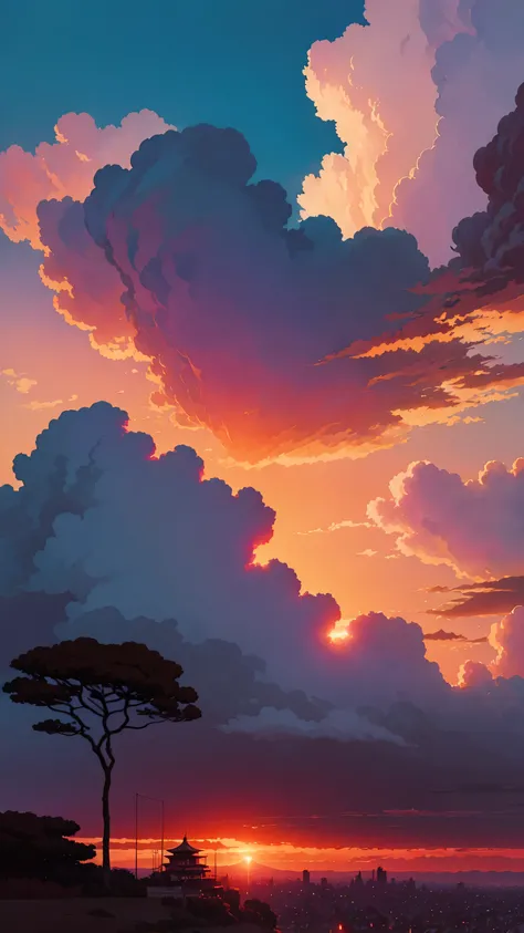 animesque、Skyscape with clouds、Red sunset sky、Deities々Shikai、You can see the touch of the brush、Studio Ghibli、Ghibli、a sultry、Scenery、Style、The light is sparkling