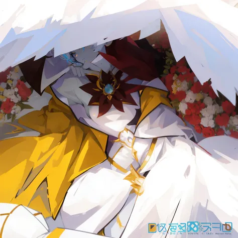 Anime character with white wings and yellow cloak, Albedo from the anime Overlord., from desire, The divine rays above her head, Angelon l sits at the cast., Albedo from the Overlord, anime goddess, White Horned Demon Queen, Tired Gods, angewomon from digi...