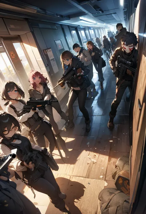 dynamic angle, top quality, best quality, High-quality illustrations, masterpiece, super high resolution, detailed background, detailed background, biohazard, Dim hotel hallway, gun fight, group shot:0.1, 6+boys, 6+girls, game package, absurdres(highly det...