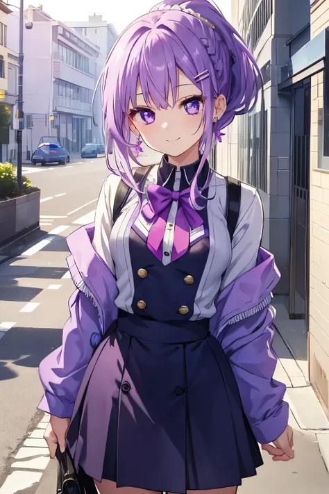 Purple hair and eyes、 girl、Small breasts、braided ponytail、smile、Gal-like、Wearing cute earrings、cute uniform、Add highlights around the eyes、Cute hairpin、Full body view、School