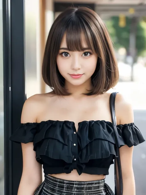 A beautiful Japanese shy girl, age 20 years old, brown short hair, brown eyes, shiny lip, dark eyeliner, a sexy look expression, shiny hair and shiny body, wearing black plaid Knot Strap Pleated Ruffle Hem Cami Top And Skirt Set, shiny thighs, in dark Cath...