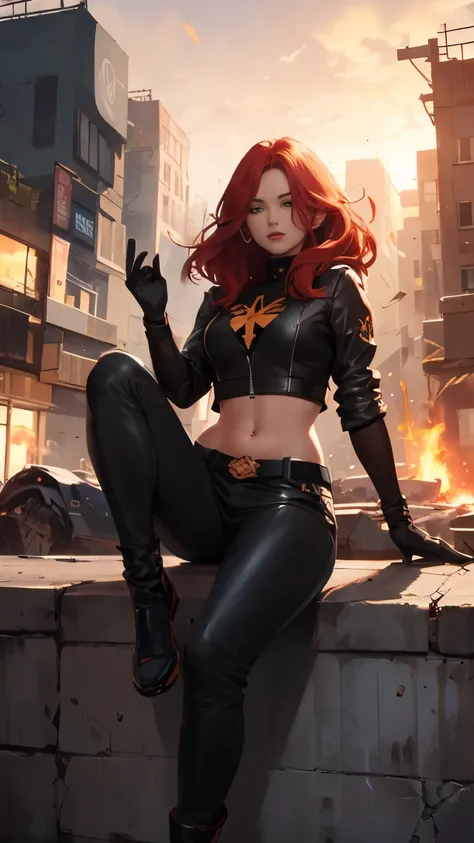 (highly quality, masterpiece, detailed), burning city detailed scenario, burning city detailed background, jean-grey, belt, red ...