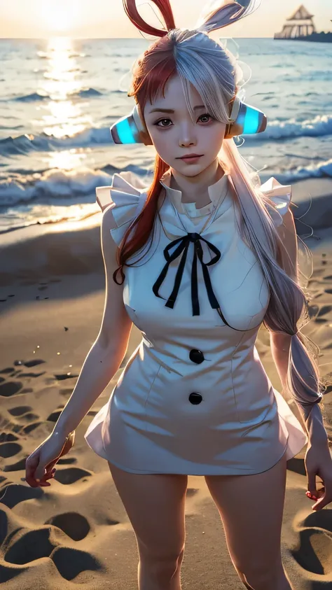 masterpiece Uta, One Piece (series), anime art style, masterpiece, elegant white dress, long red and white hair, 1girl, solo, headphone, red eyes, Looking at the Audience, beautiful face, ((detailed face)), closed mouth, photo mid body, elbow sleeve, mediu...