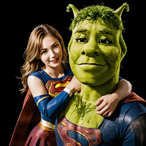 1. Supergirl wrestles with Shrek、(Shrek holds Supergirl in a headlock:1.7)、Donkey is watching、